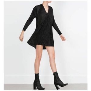 Zara Long Sleeve V Neck Pleated Mini Dress.